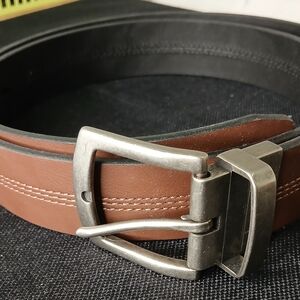 Men's Brown Leather Belt with Silver Hardware and Contrast Stitching